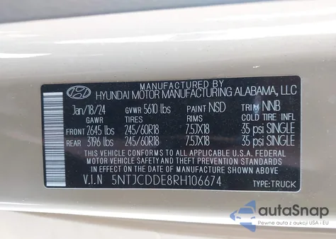 2024 Hyundai Santa Cruz Sel z USA, uszkodzony, nr VIN 5NTJCDDE8RH106674